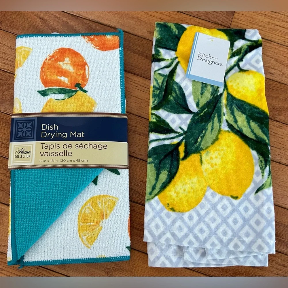 Kitchen towel and Dish drying mat Bundle Lemon theme NWT